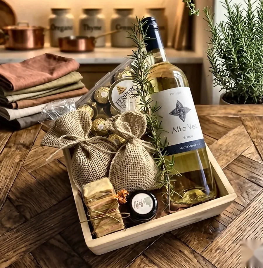 Cesta com vinho branco, chocolates e itens artesanais