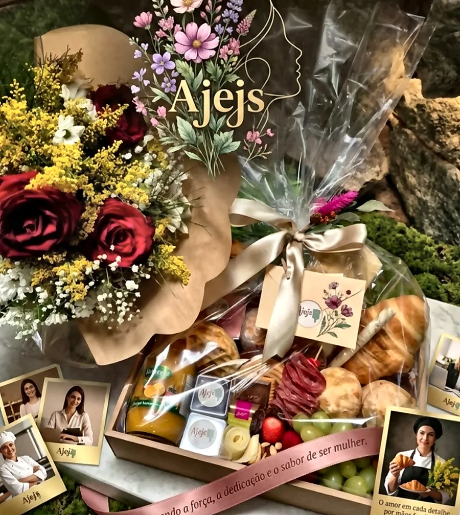 Cesta delicada com flores, café da manhã e apresentação em tons claros